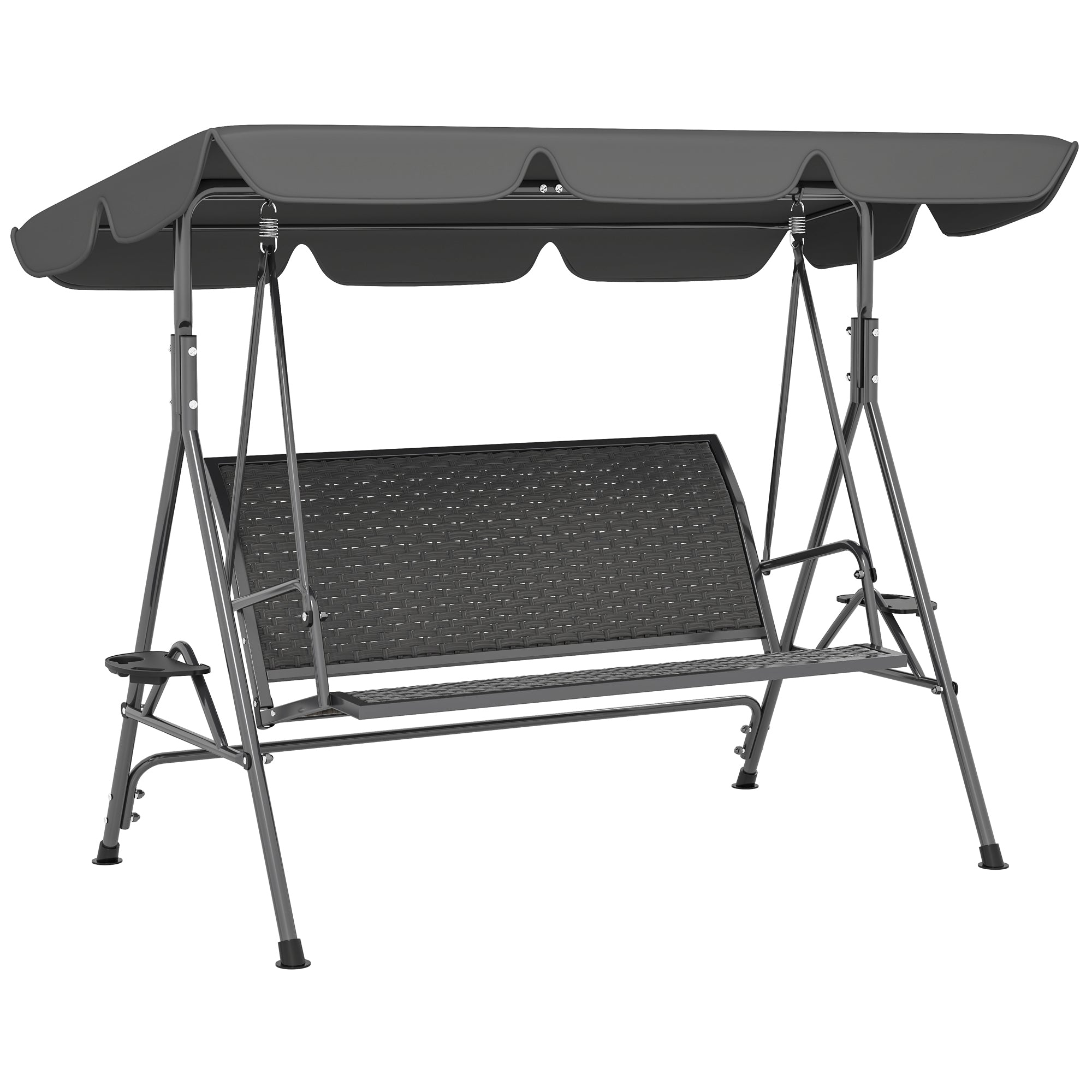 Outsunny 3-Seater Garden Swing in PE Rattan and Steel with Canopy and Cup Holder, 204x112x150 cm, Grey