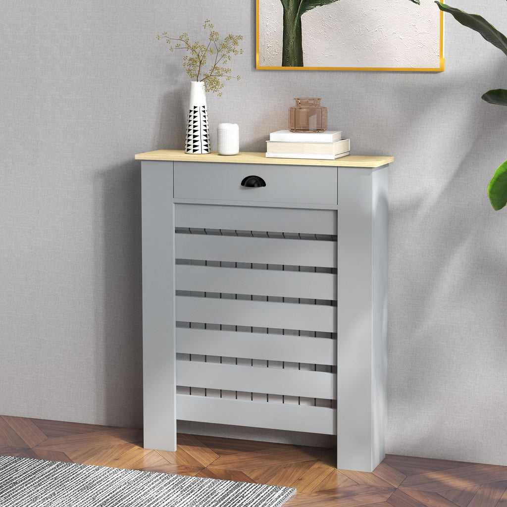 Slatted MDF Radiator Cover, Grid Radiator Cover with Drawer, 78x19x95.5 cm, Grey