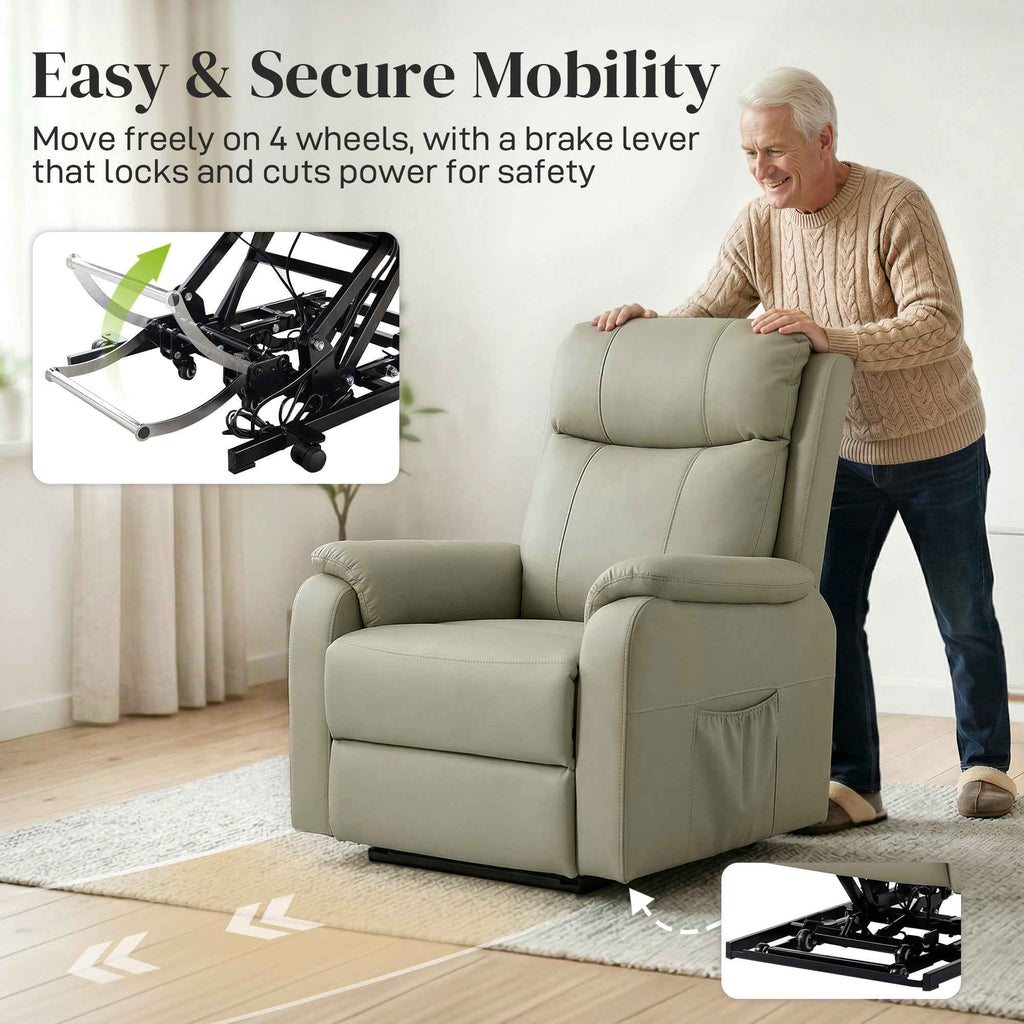 170° Electric Lift Recliner Chair in Breathable Faux Leather with 2 Motors, Remote Control, 4 Wheels, Brake, Footrest, Side Pockets, Cream