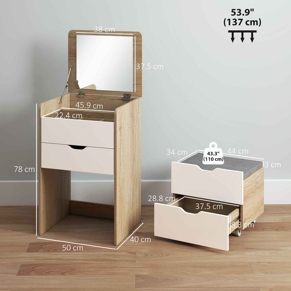 HOMCOM 3-in-1 Dressing Table with Mirror, Storage, 2 Drawers and Stool, Wooden, 50x40x78 cm, White and Oak