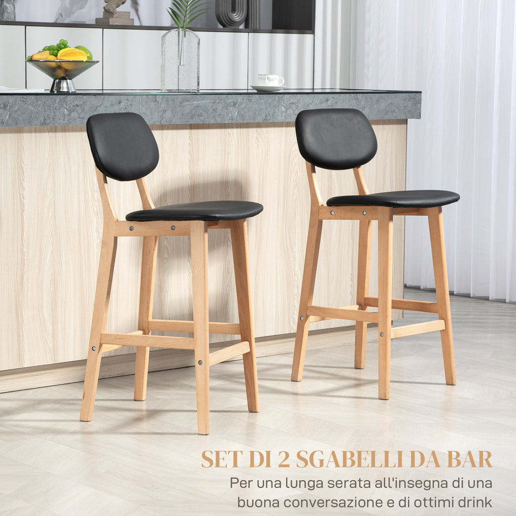 Set of 2 Bar Stools with Backrest, Faux Leather Cover and Footrest, 42x47x92cm, Black - Borgè