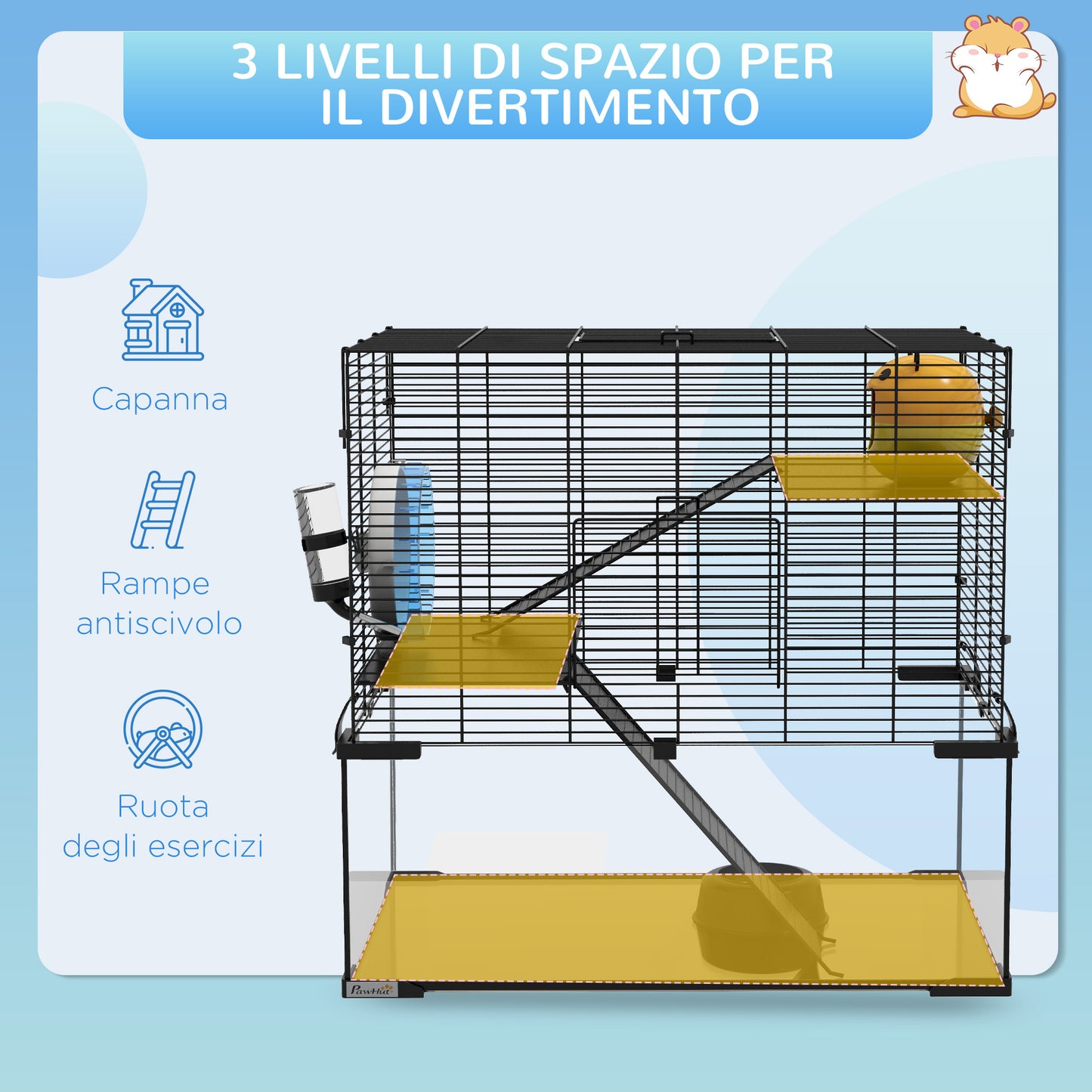 3-Tier Hamster Cage with Wheel, Ramps and Removable Bottom, 60x40x57cm, Black