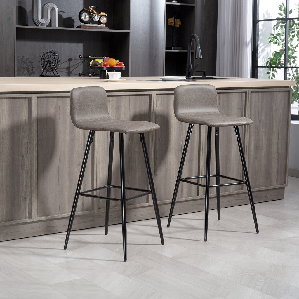 Set of 2 Bar Stools with Low Backrest and Footrest, PU Upholstery and Steel Legs, Dark Brown