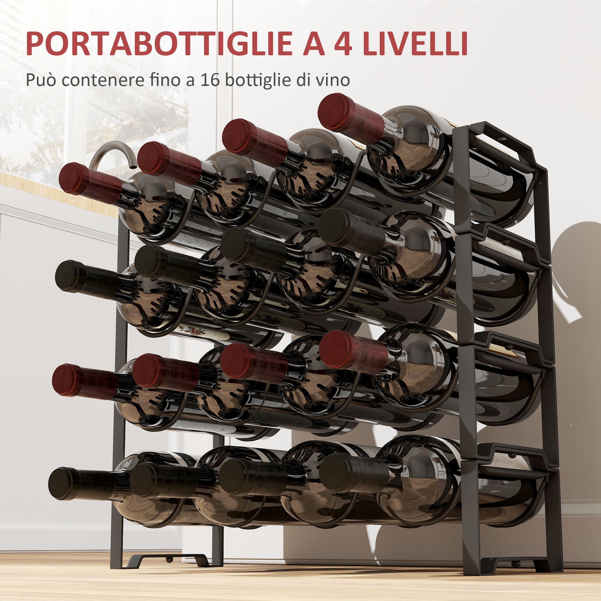 4-Tier Stackable Wave Bottle Rack for 16 Bottles, Metal, 42.5x16.5x41 cm, Black