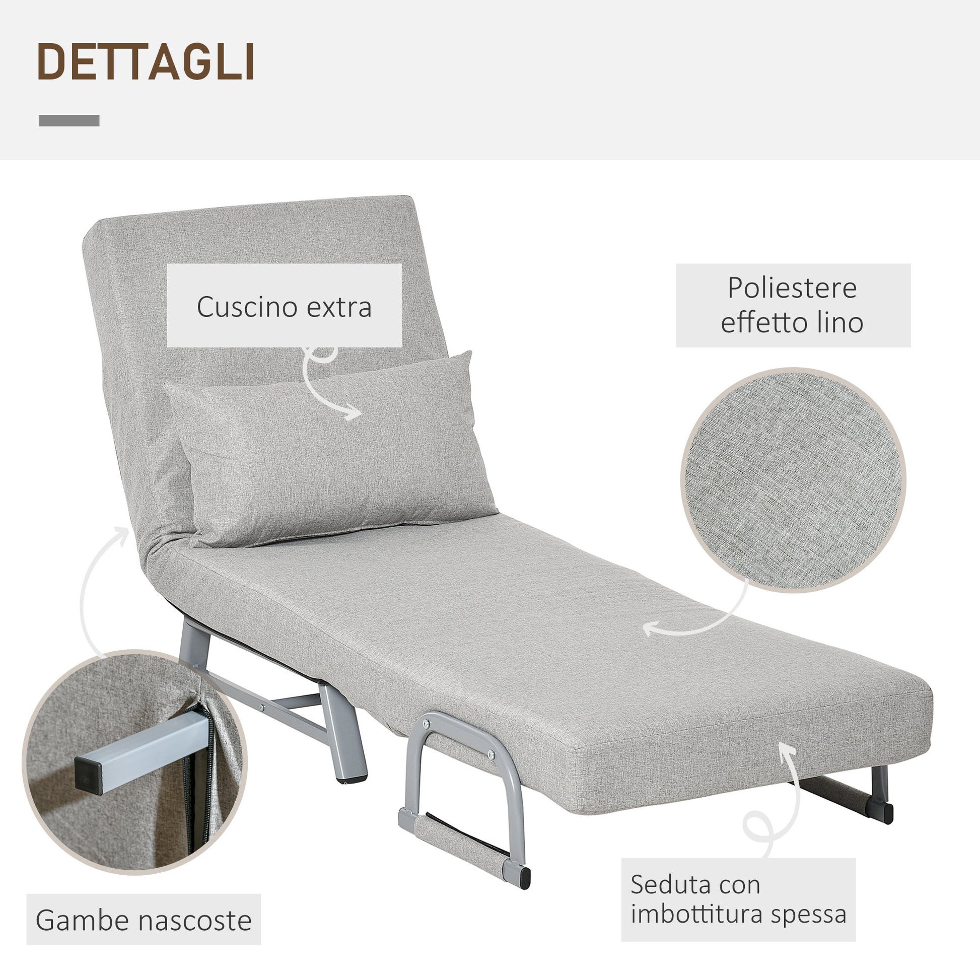 Homcom Single Bed Armchair With Reclinable Back 5 levels with extra pillow, fabric and metal, 73x60x81cm, gray - Borgè