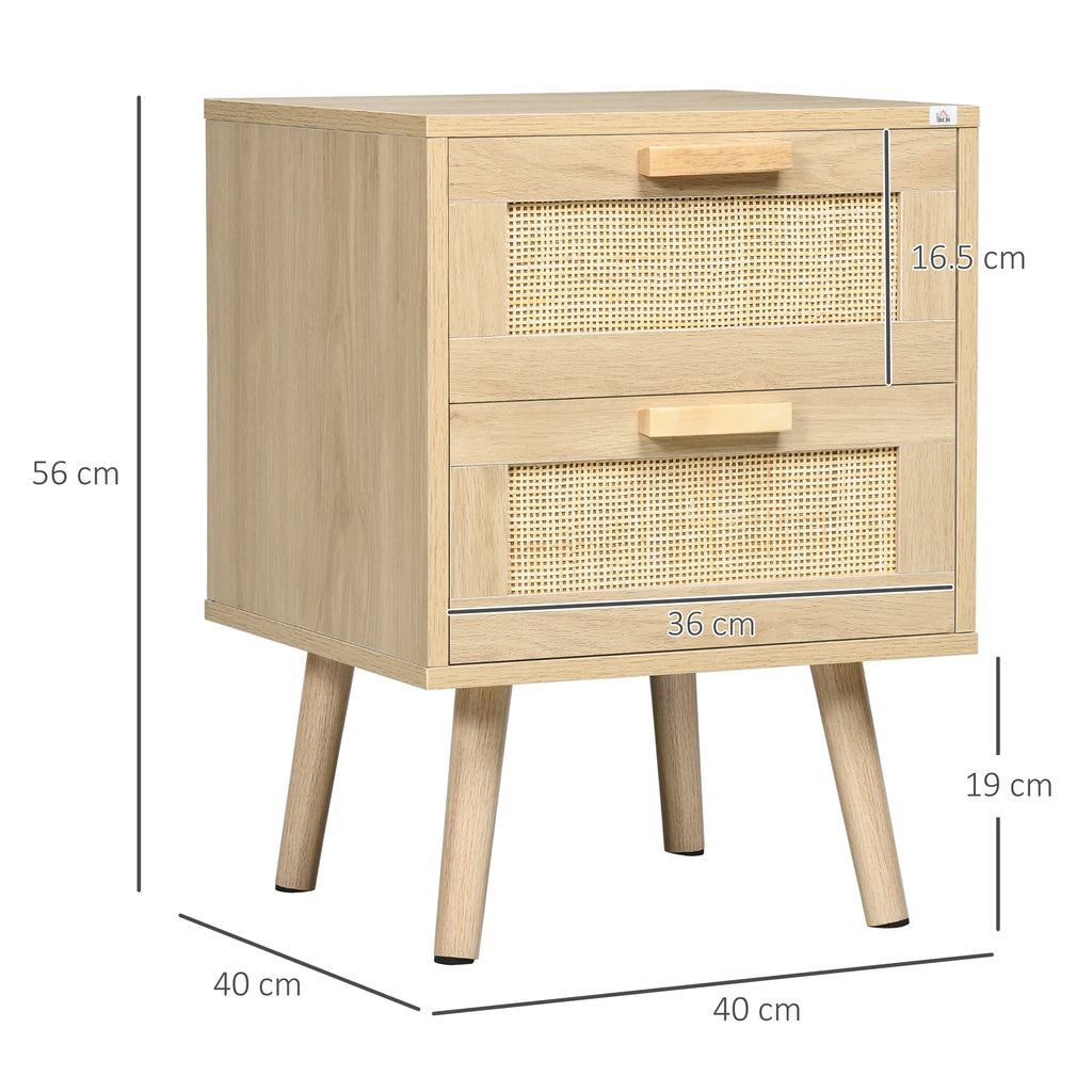 Boho Style Bedroom Nightstand with 2 Drawers, 40x40x56cm, Natural Wood Color