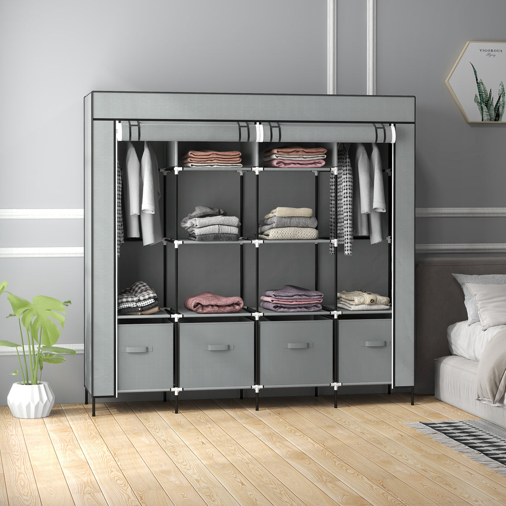Fabric and Steel Wardrobe with 10 Shelves, 4 Drawers and Hinged Doors, Grey