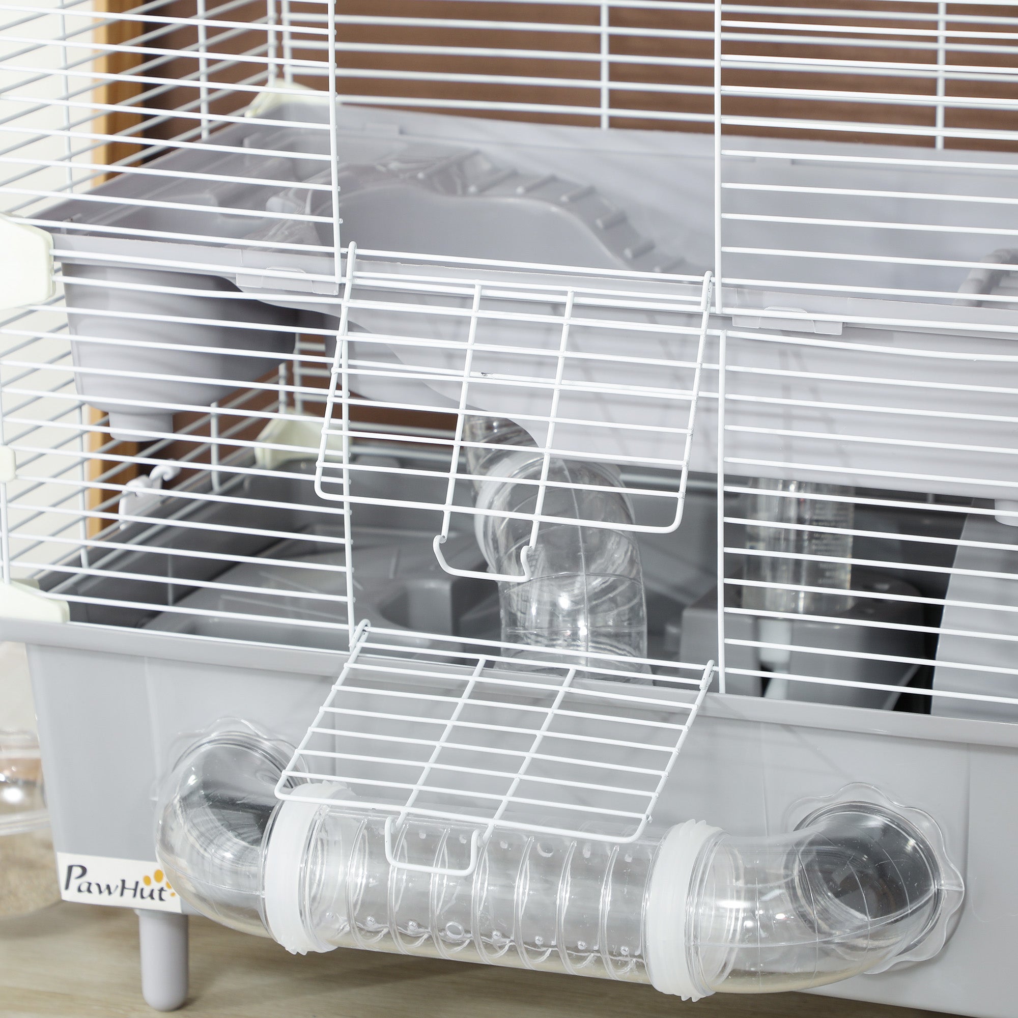 2-Tier, 3-Door Hamster Cage with Wheel and Tubes, Steel, PS and PP, 44.5x28x44 cm, Grey and White