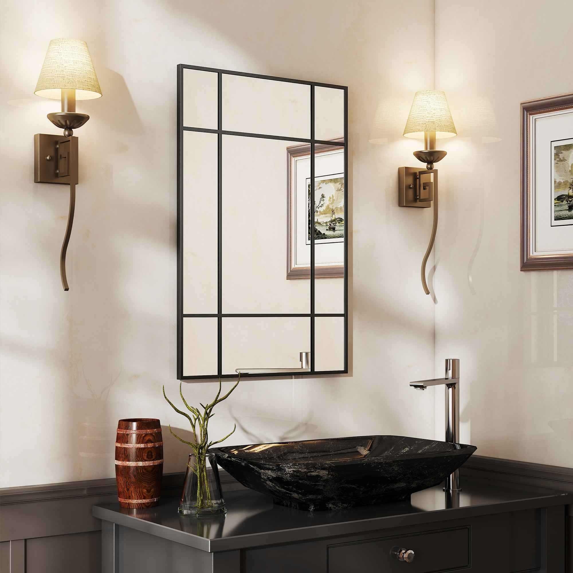 HOMCOM Window Style Wall Mirror with Vertical and Horizontal Mounting, 90x60 cm, Black
