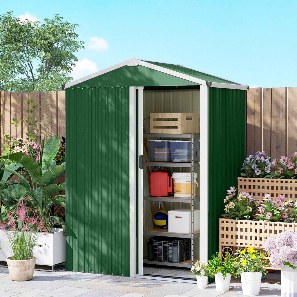 Outsunny 1.1m² Steel Garden Shed with Lockable Sliding Door, 136x87x179cm, Green