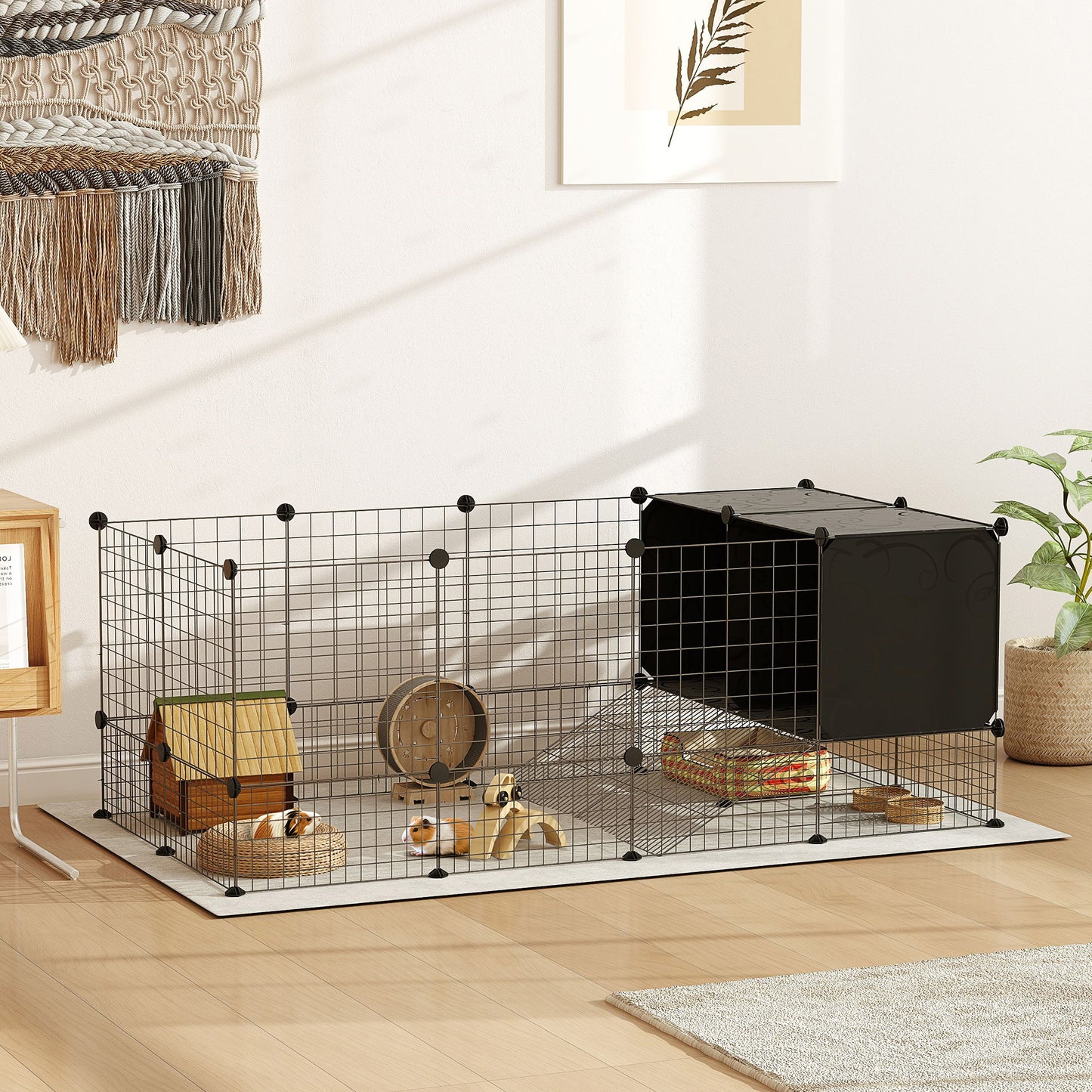 Modular Small Animal Cage with Raised Houses for Guinea Pigs and Hedgehogs, Black