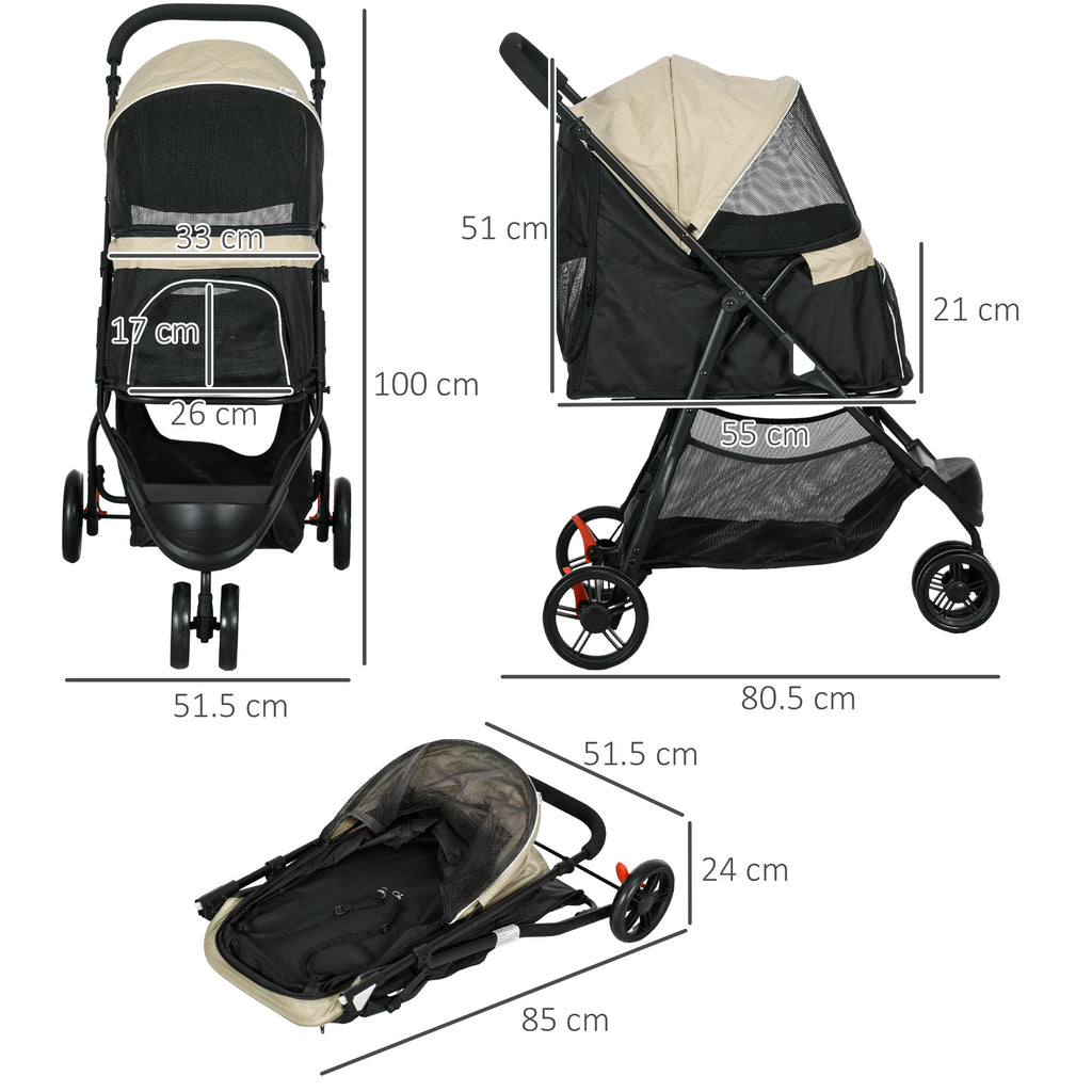 3-Wheel Folding Small Dog Stroller with Rain Cover and Basket, Khaki