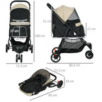 3-Wheel Folding Small Dog Stroller with Rain Cover and Basket, Khaki