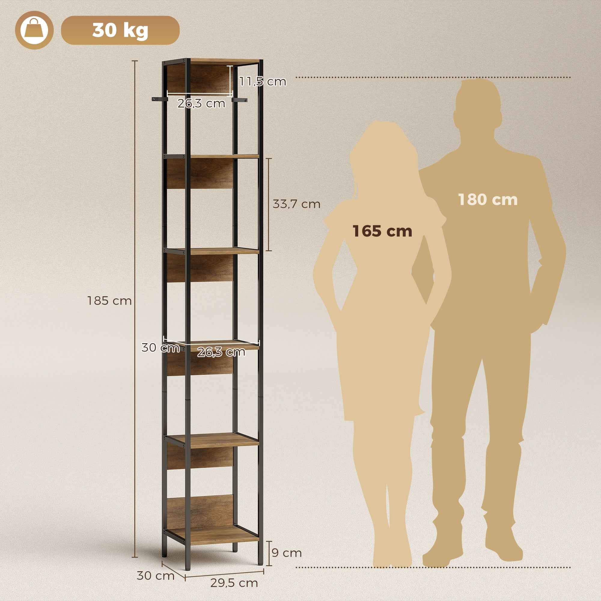 HOMCOM 6-Shelf Bookcase, Brown Wood Finish