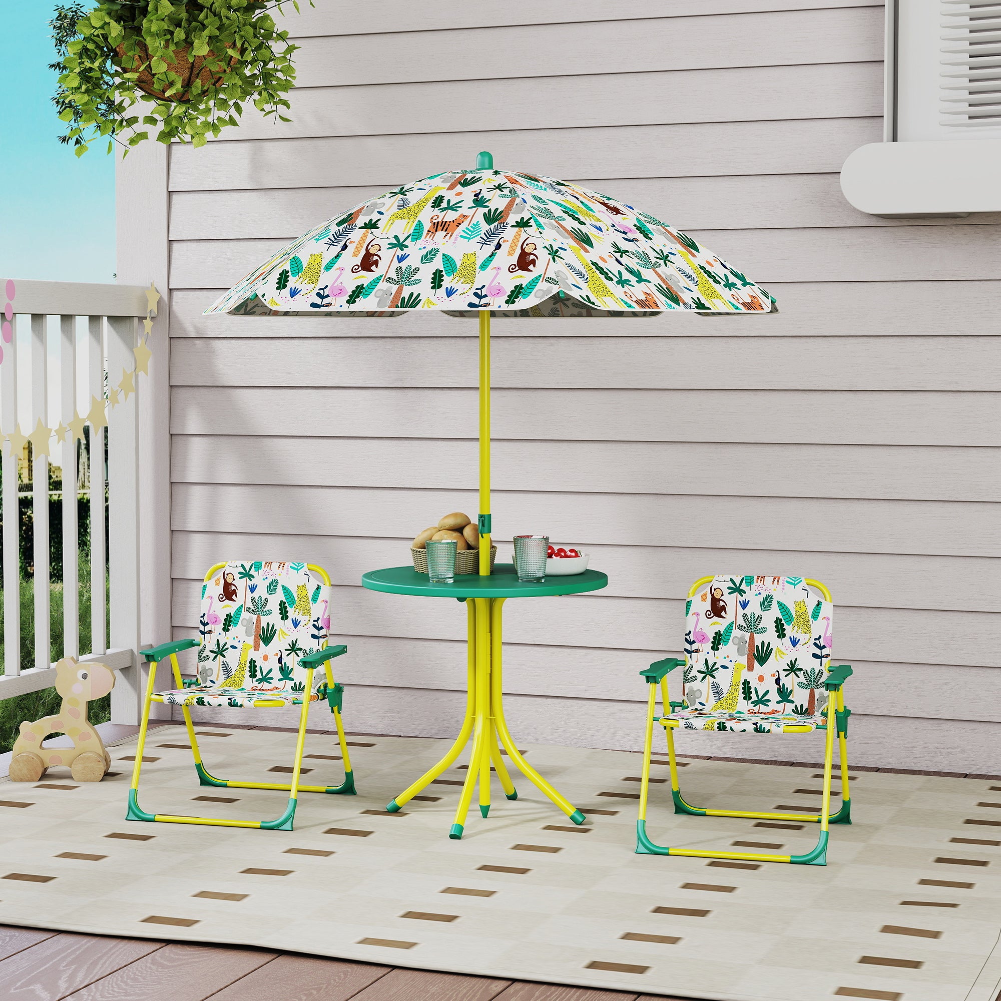 AIYAPLAY Kids Picnic Table and Chair Set with Green Umbrella