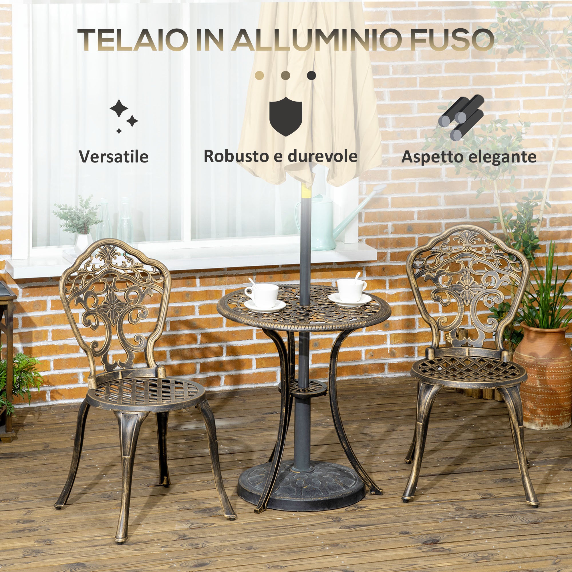 3-Piece Aluminum Outdoor Set with 2 Garden Chairs and Round Table with Umbrella Hole, Bronze