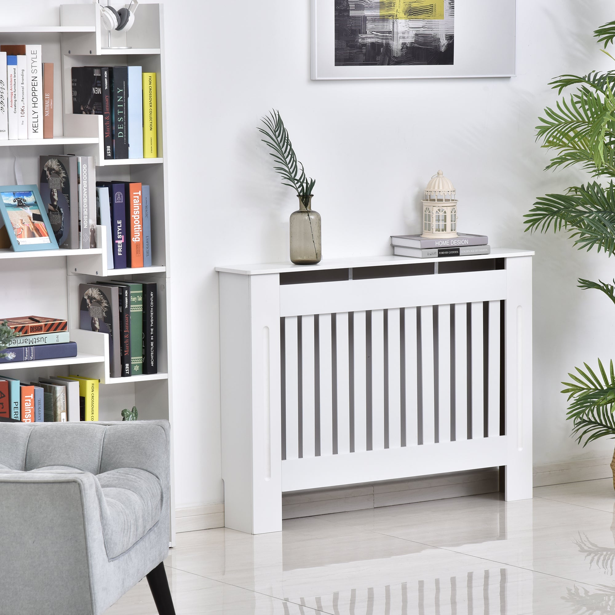 Slatted MDF Radiator Cover for Home and Office, 112x19x81 cm, White