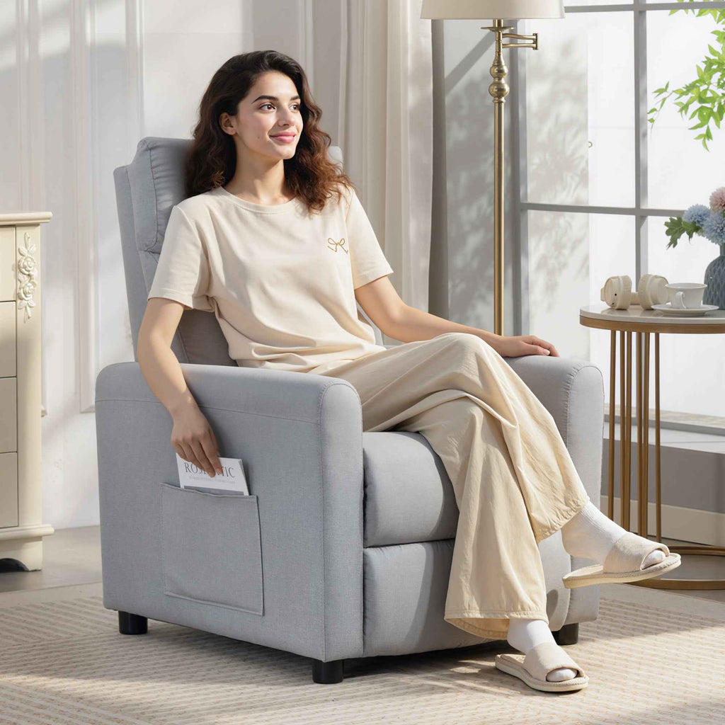 HOMCOM Reclining Chair 135° max in Linen Effect Fabric, Foam, Steel and Wood, 73x86x100 cm, Light Grey