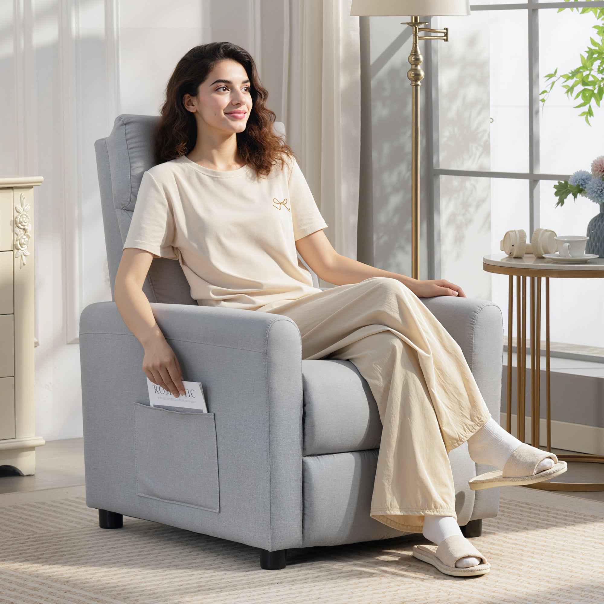 HOMCOM Reclining Chair 135° max in Linen Effect Fabric, Foam, Steel and Wood, 73x86x100 cm, Light Grey