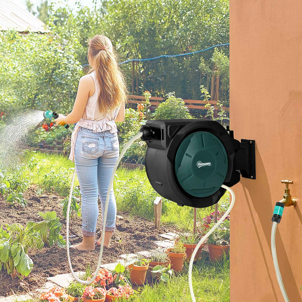 Outsunny Retractable Garden Hose Reel with 30m+2m Water Hose, Wall Mount & Handle, Swivel, 7 Modes, Black