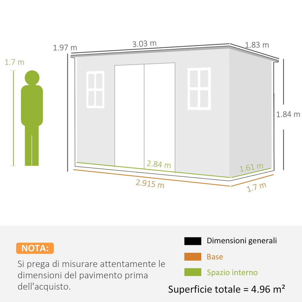 Outsunny 2-Door Tool Shed with Windows and Air Vents, Made of PP and Aluminum, 303x183x184 cm, Gray