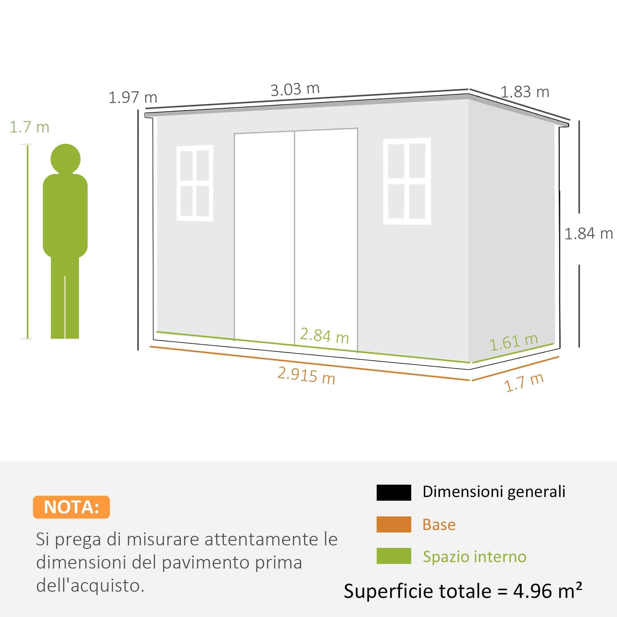 Outsunny 2-Door Tool Shed with Windows and Air Vents, Made of PP and Aluminum, 303x183x184 cm, Gray