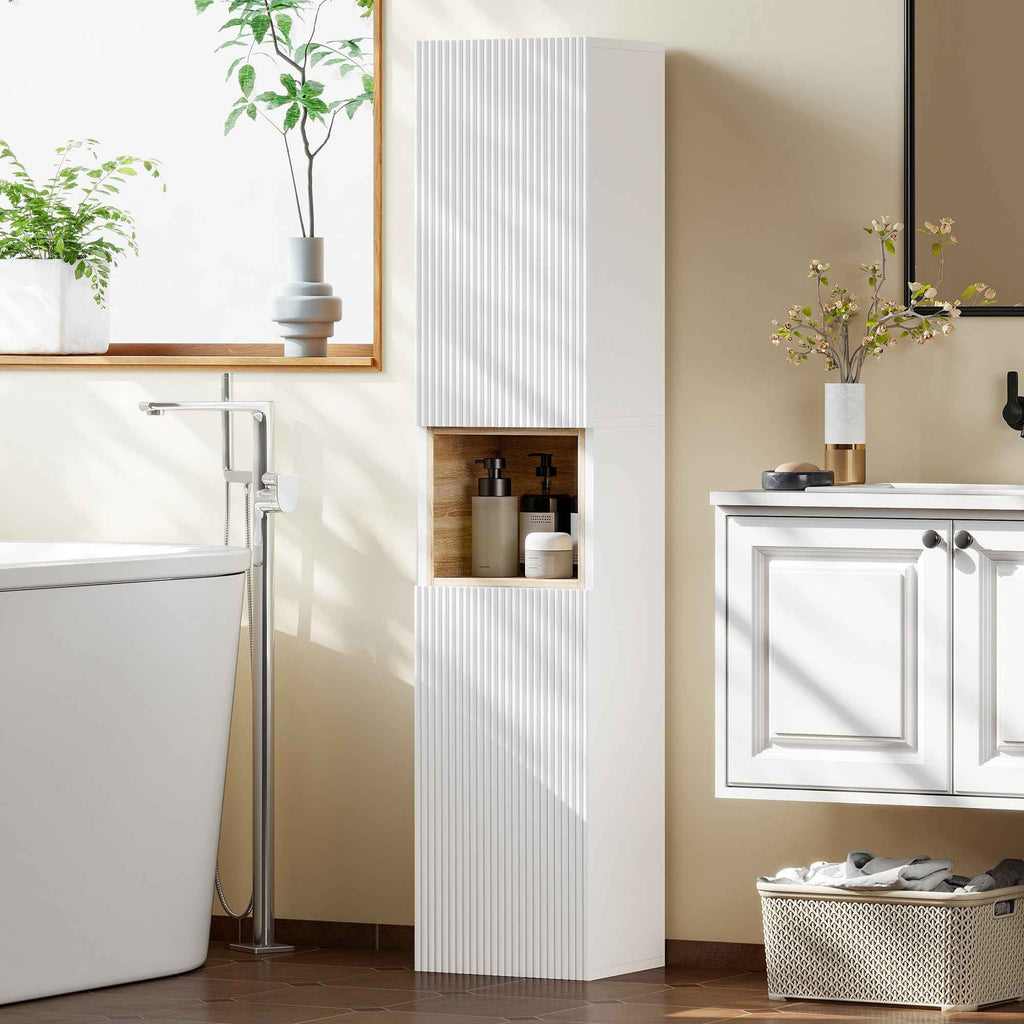 HOMCOM 2-Door Bathroom Cabinet with Open Space and Adjustable Shelves, Wooden, 30x24x140 cm, White