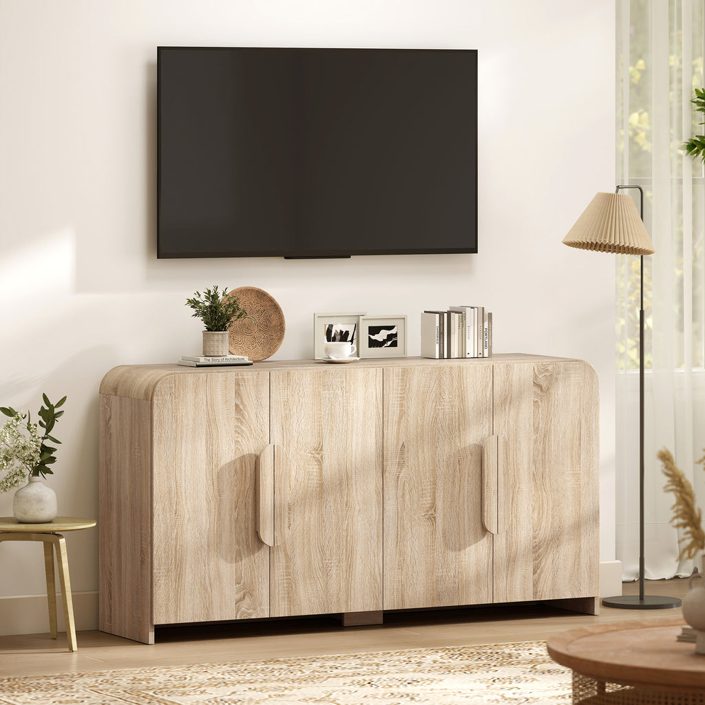 Sideboard with 2 Cabinets, Soft-Close Doors and Adjustable Shelves, 157x39x82 cm, Natural Wood
