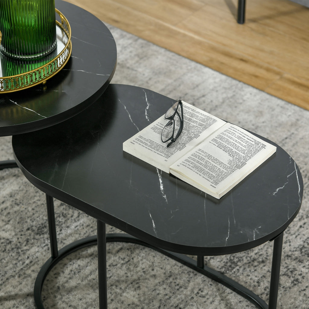 Set of 2 Coffee Tables with Marble Effect Top, in Wood and Steel, Ø50x50.5 cm and 60x36x43.5 cm, Black