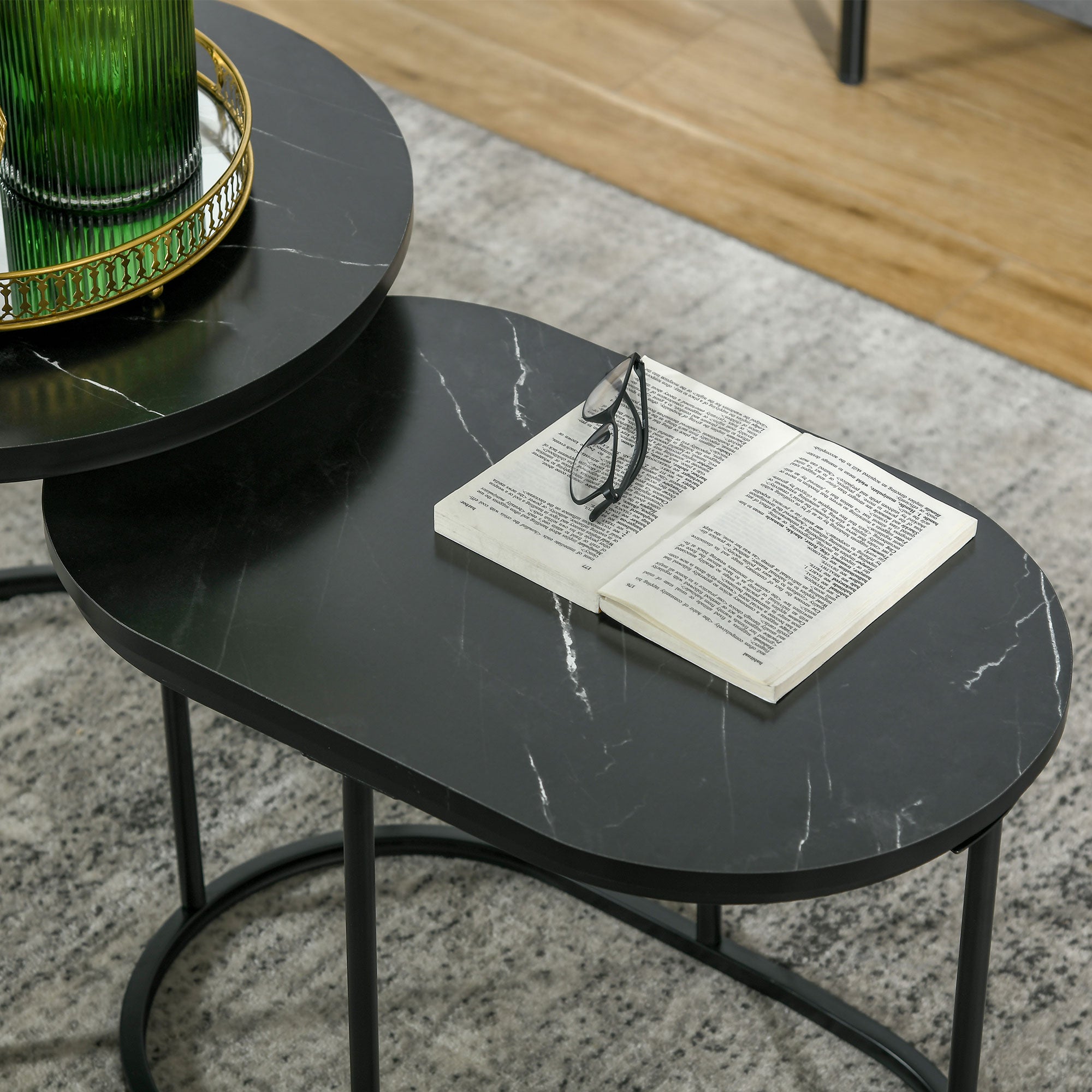 Set of 2 Coffee Tables with Marble Effect Top, in Wood and Steel, Ø50x50.5 cm and 60x36x43.5 cm, Black