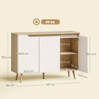 HOMCOM Modern 3-Door Sideboard with 3 Adjustable Shelves and 5 Wooden Legs, 107x35x76.5 cm, White and Oak
