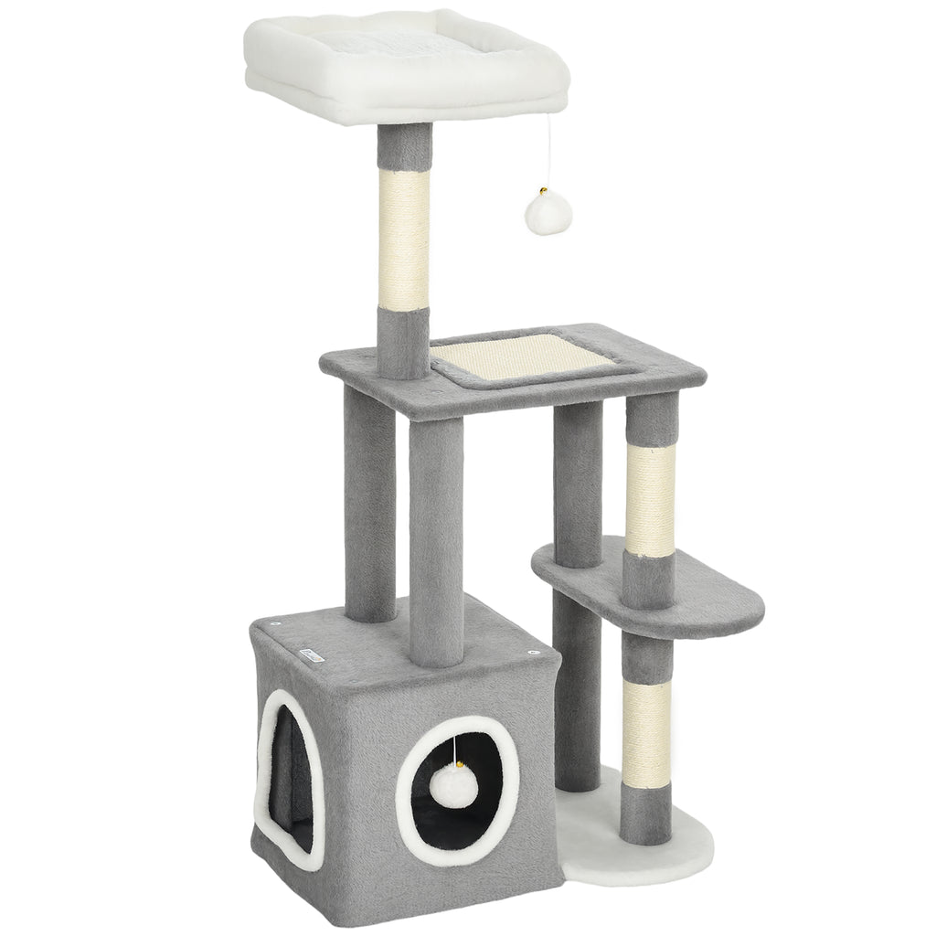 Cat Scratching Tree with House, Bed and 2 Balls, Made of Wood and Plush, 55x40x107 cm, Grey and White