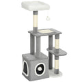 Cat Scratching Tree with House, Bed and 2 Balls, Made of Wood and Plush, 55x40x107 cm, Grey and White