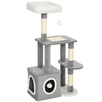 Cat Scratching Tree with House, Bed and 2 Balls, Made of Wood and Plush, 55x40x107 cm, Grey and White