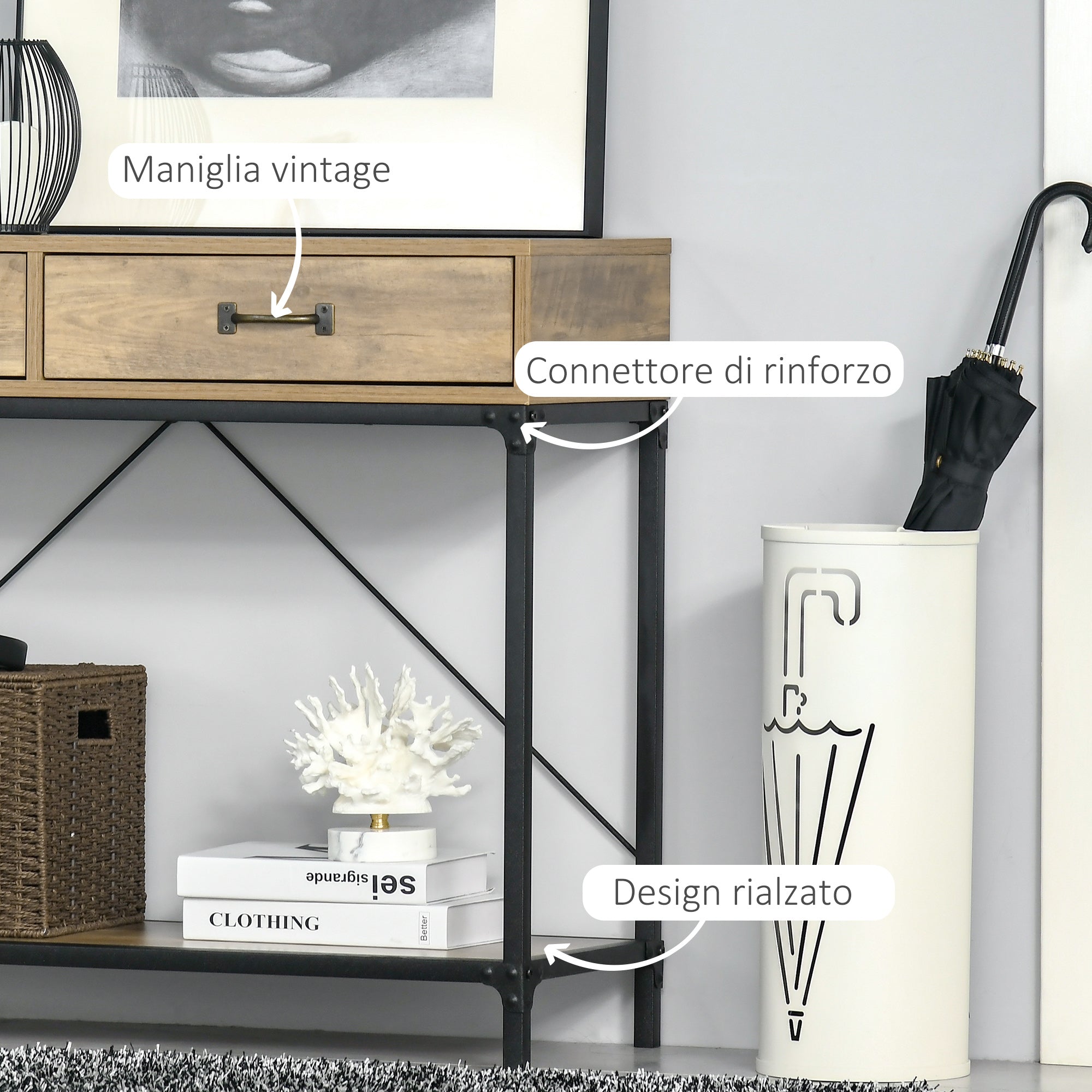 Vintage Style Metal and Wood Console Table with 2 Drawers and Shelf, 100x35x76.5cm, Brown