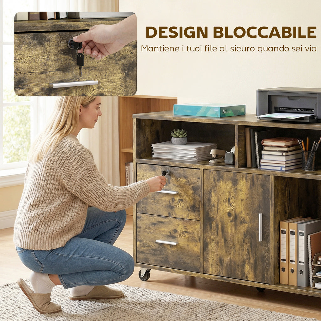 HOMCOM Wooden Printer Stand with Wheels, 2 Drawers, 3 Shelves, and 2 Cabinets, 100x35x65 cm, Brown