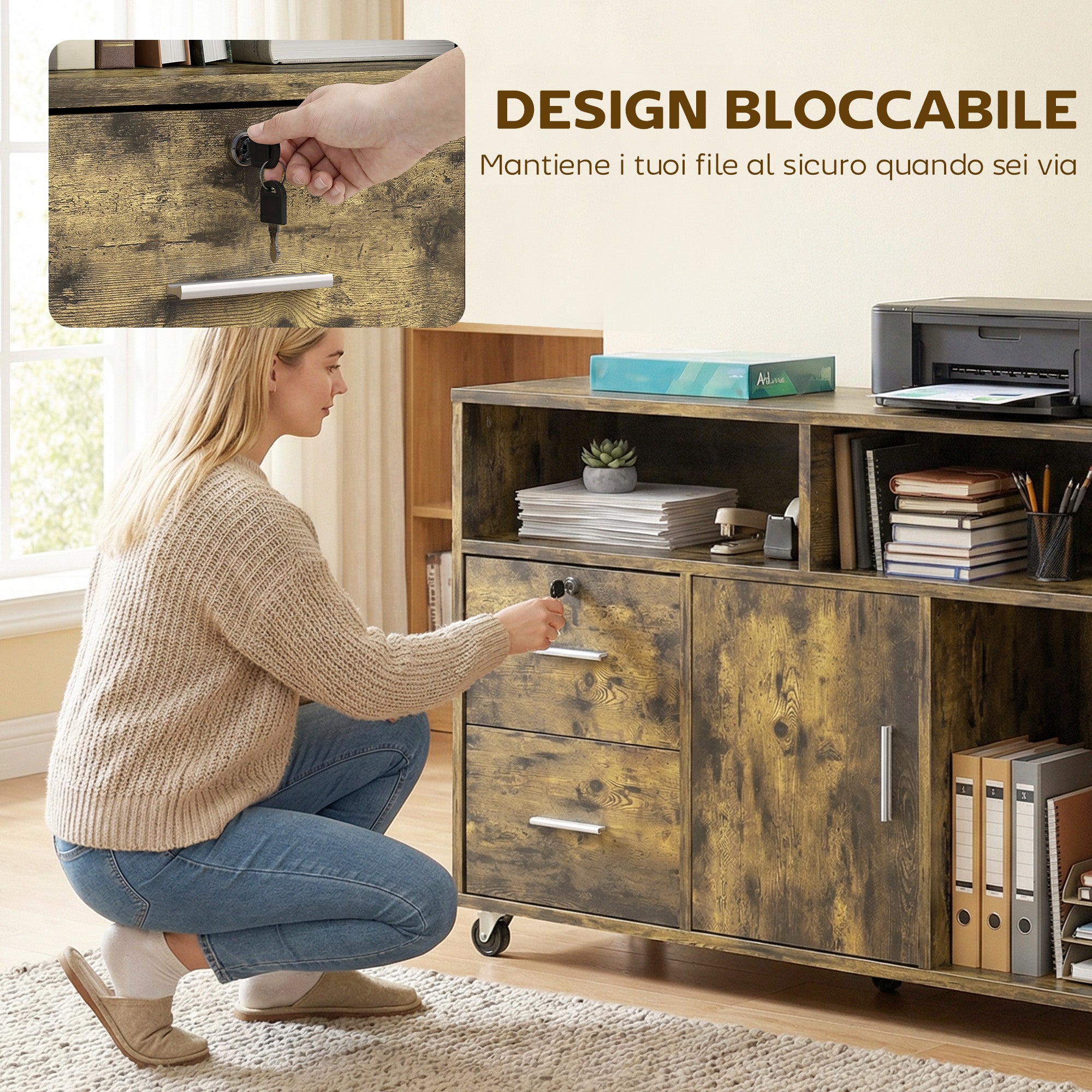 HOMCOM Wooden Printer Stand with Wheels, 2 Drawers, 3 Shelves, and 2 Cabinets, 100x35x65 cm, Brown