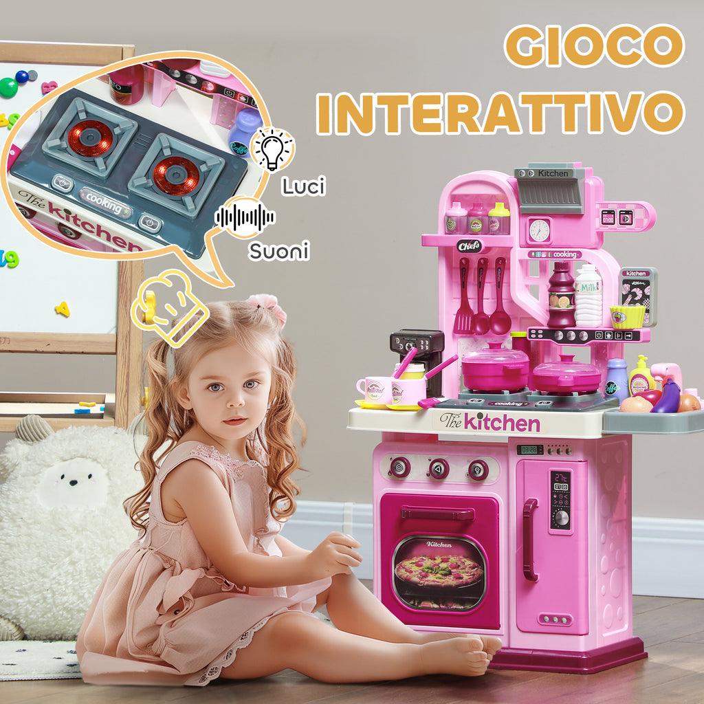 33-Piece Children's Toy Kitchen with Lights, Sounds and Faucet, Made of PP and ABS, 53x22x69 cm, Pink