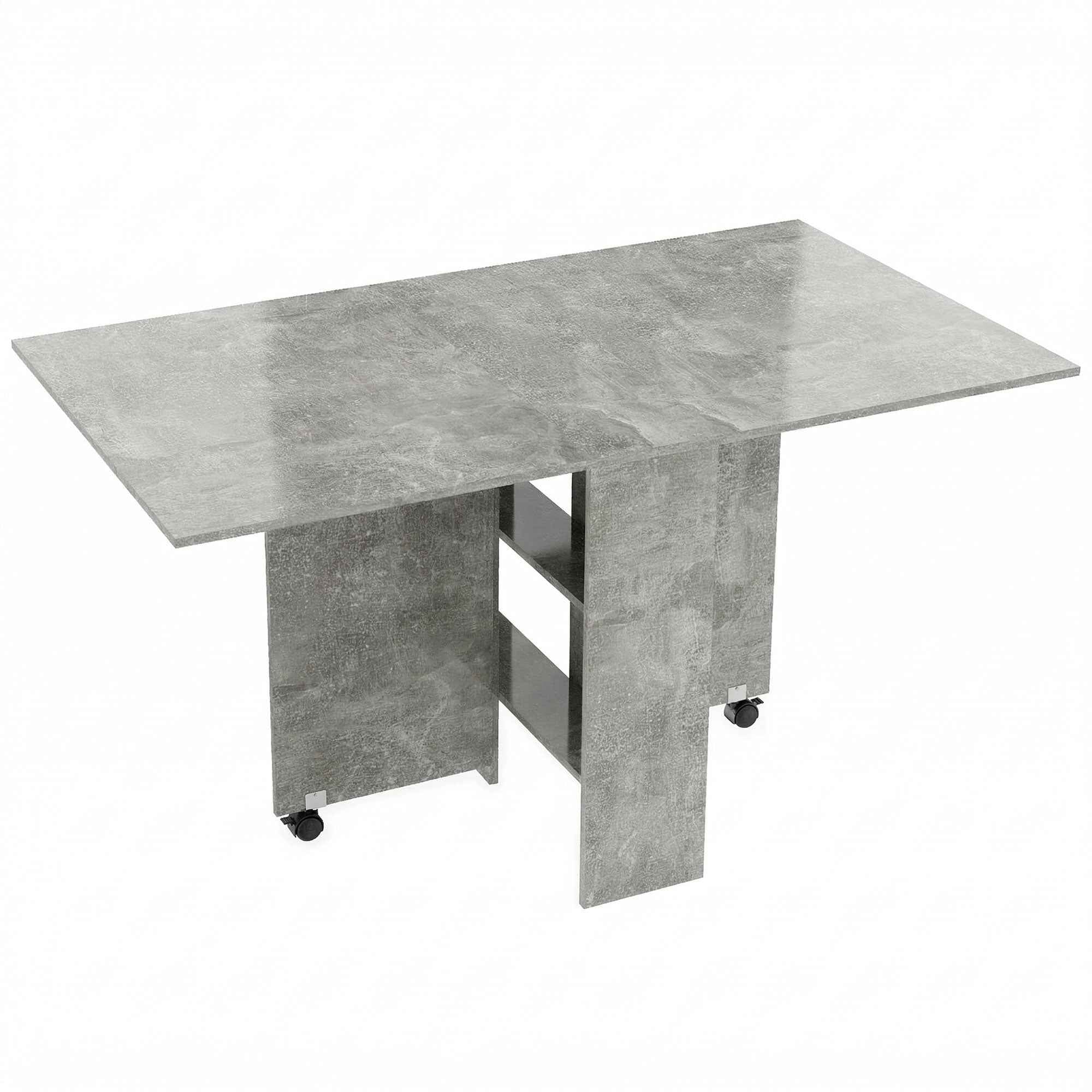 HOMCOM Folding Dining Table with Shelves, Drop-Leaf Top and Wheels, Cement Grey