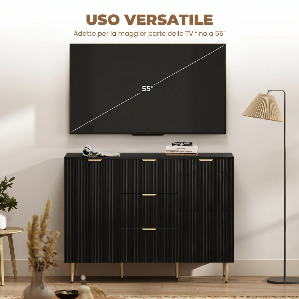 HOMCOM Modern Sideboard with 3 Drawers, 2 Cabinets and Adjustable Shelves, Wood and Metal, Black