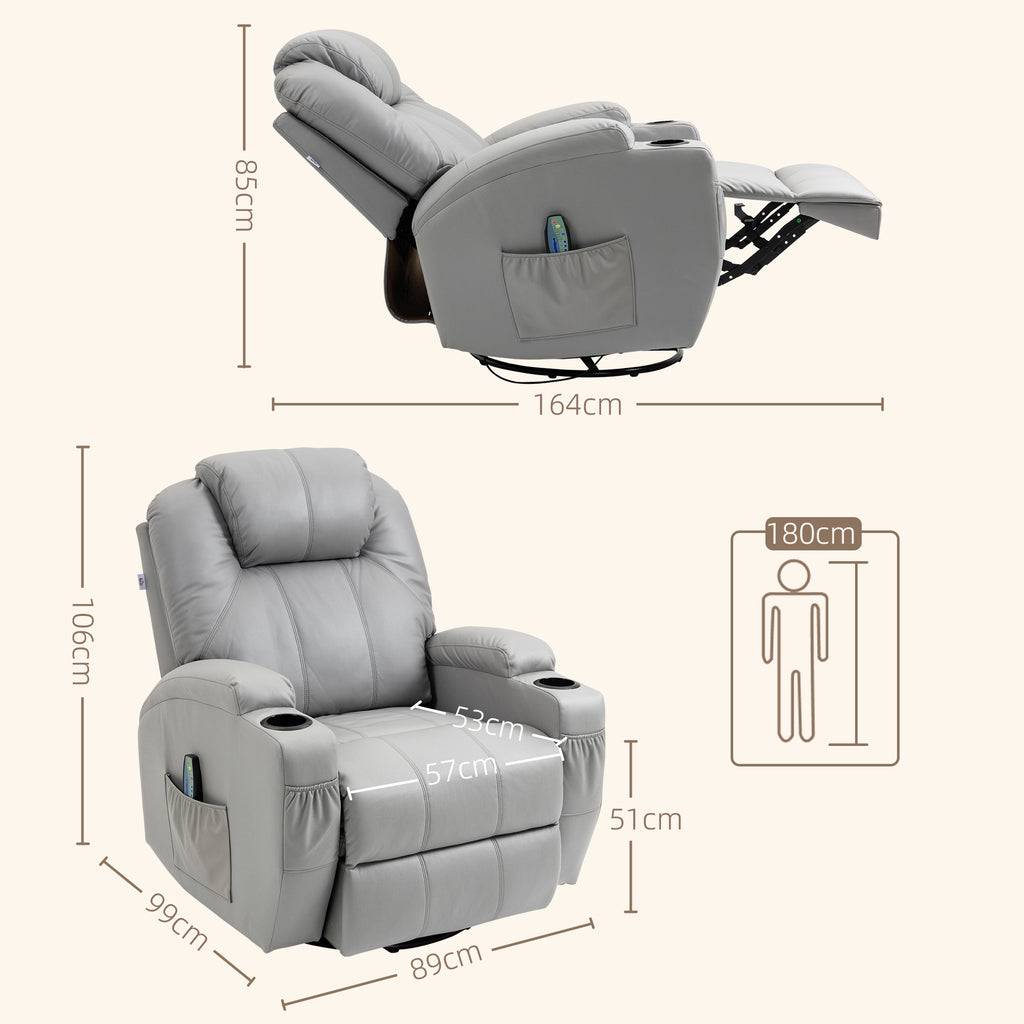 Massage Recliner Chair with Footrest and Remote Control, PU Leather, 89x99x106 cm, Grey