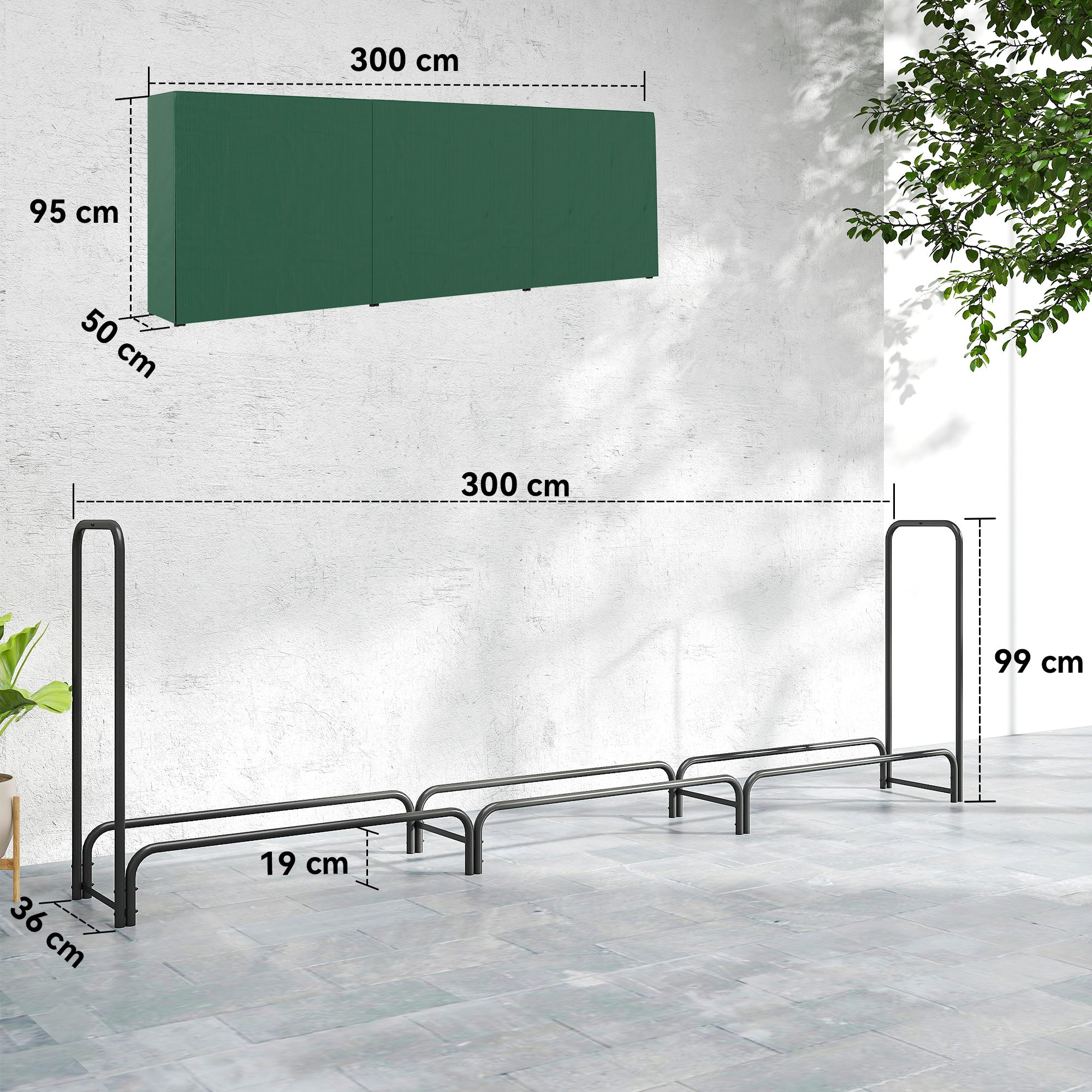 1m³ Adjustable Firewood Rack with Waterproof PE Tarpaulin, Metal, 300x36x99cm, Black and Dark Green