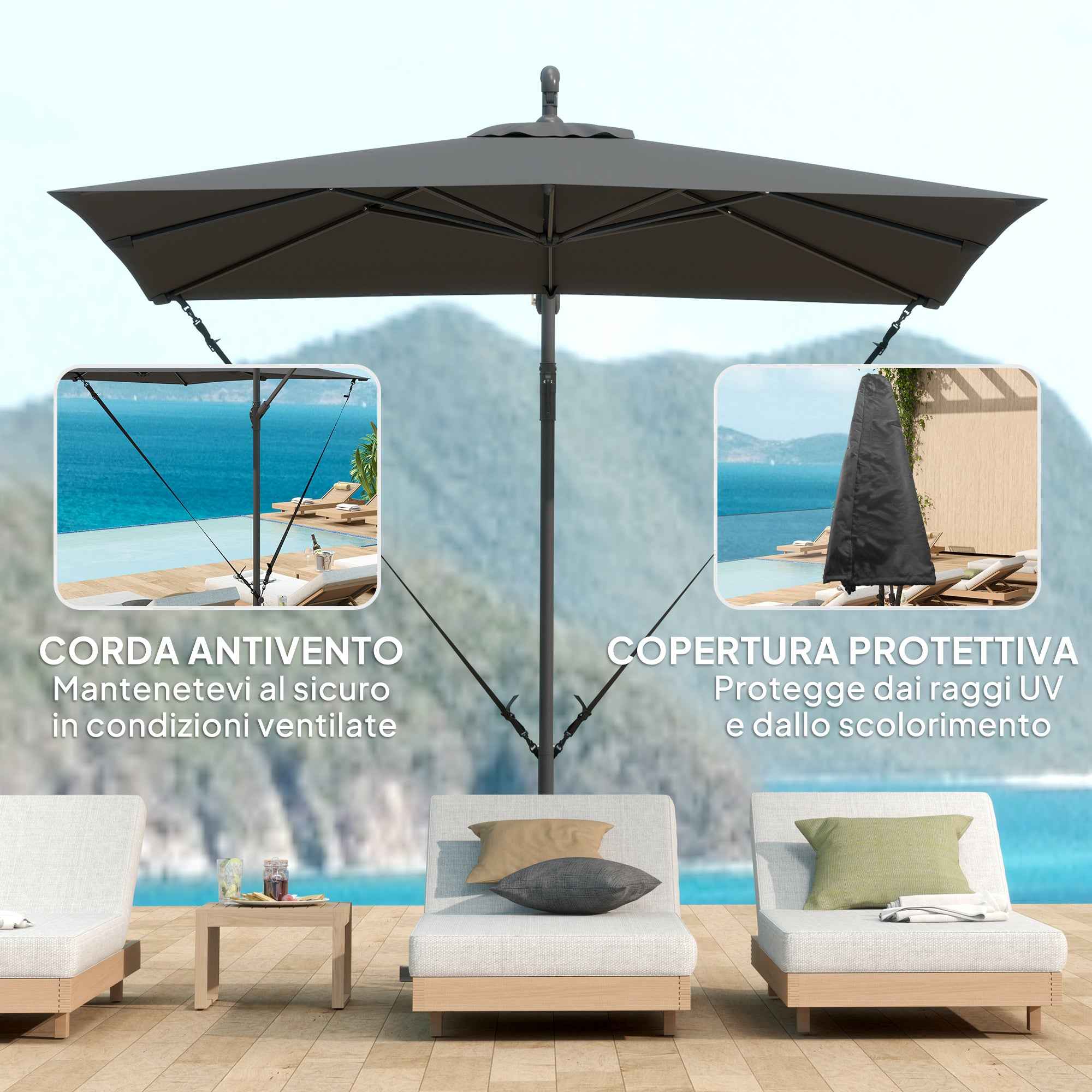 Outsunny Adjustable Cantilever Umbrella with Cross Base and Crank Handle, in Steel and Polyester, 247x247x256, Dark Grey