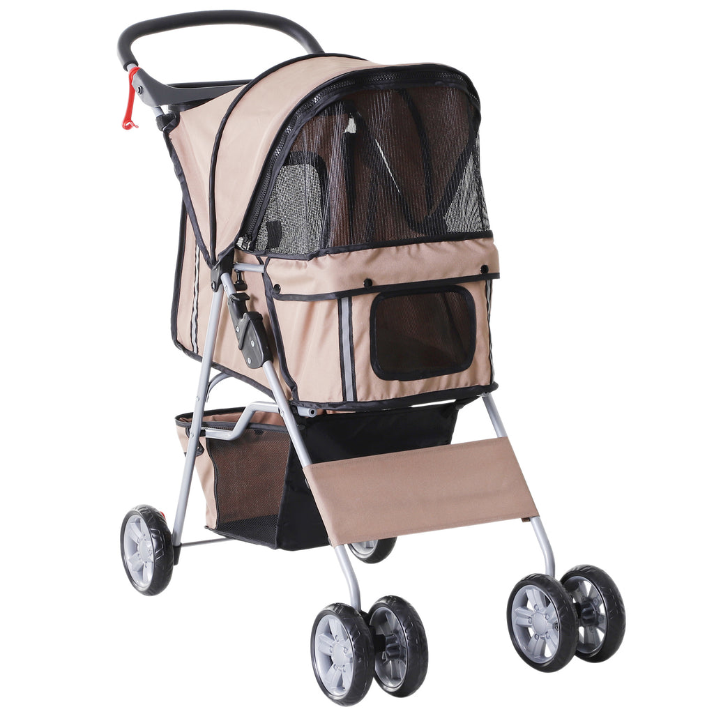 Folding Fabric Dog Stroller with Basket and Cup Holder, 75x45x97cm - Brown