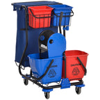 Cleaning Trolley with Garbage Bag, 4 Buckets and Mop Wringer, 93x80x97 cm, Red Blue and Black