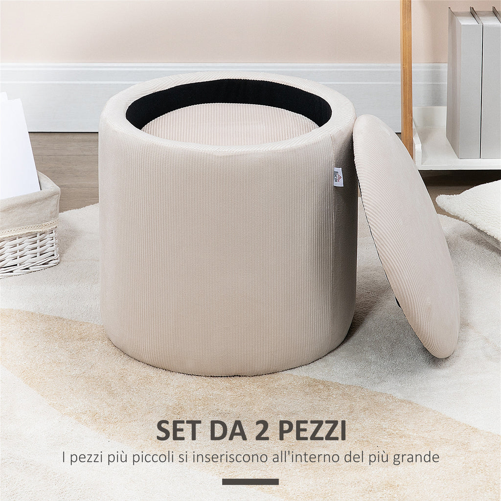 Set of 2 Round Corduroy Storage Ottomans, White