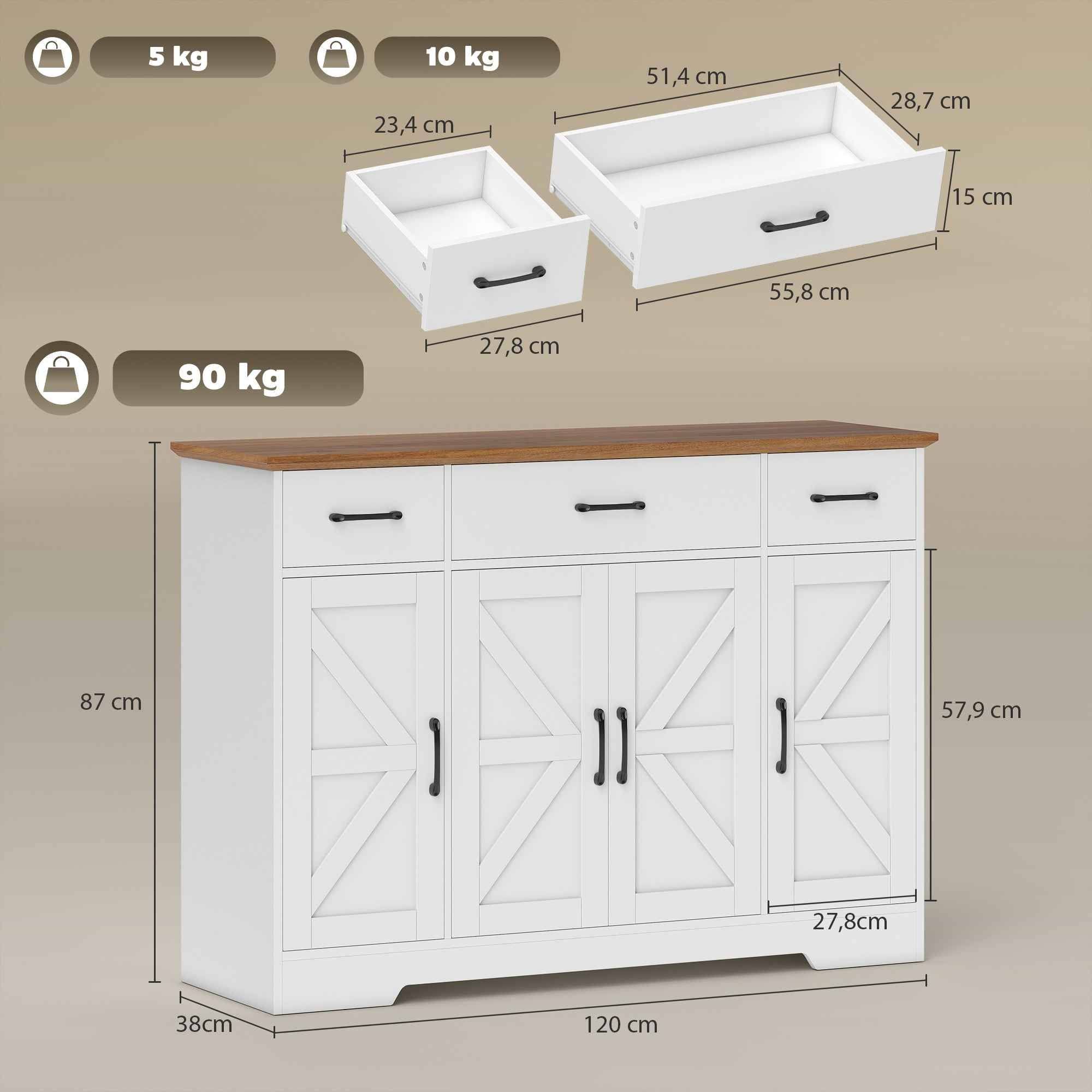 HOMCOM Rustic Kitchen Sideboard, Kitchen Cabinet with Soft-Close Doors, 3 Drawers, 3 Adjustable Shelves, Spice Rack, White