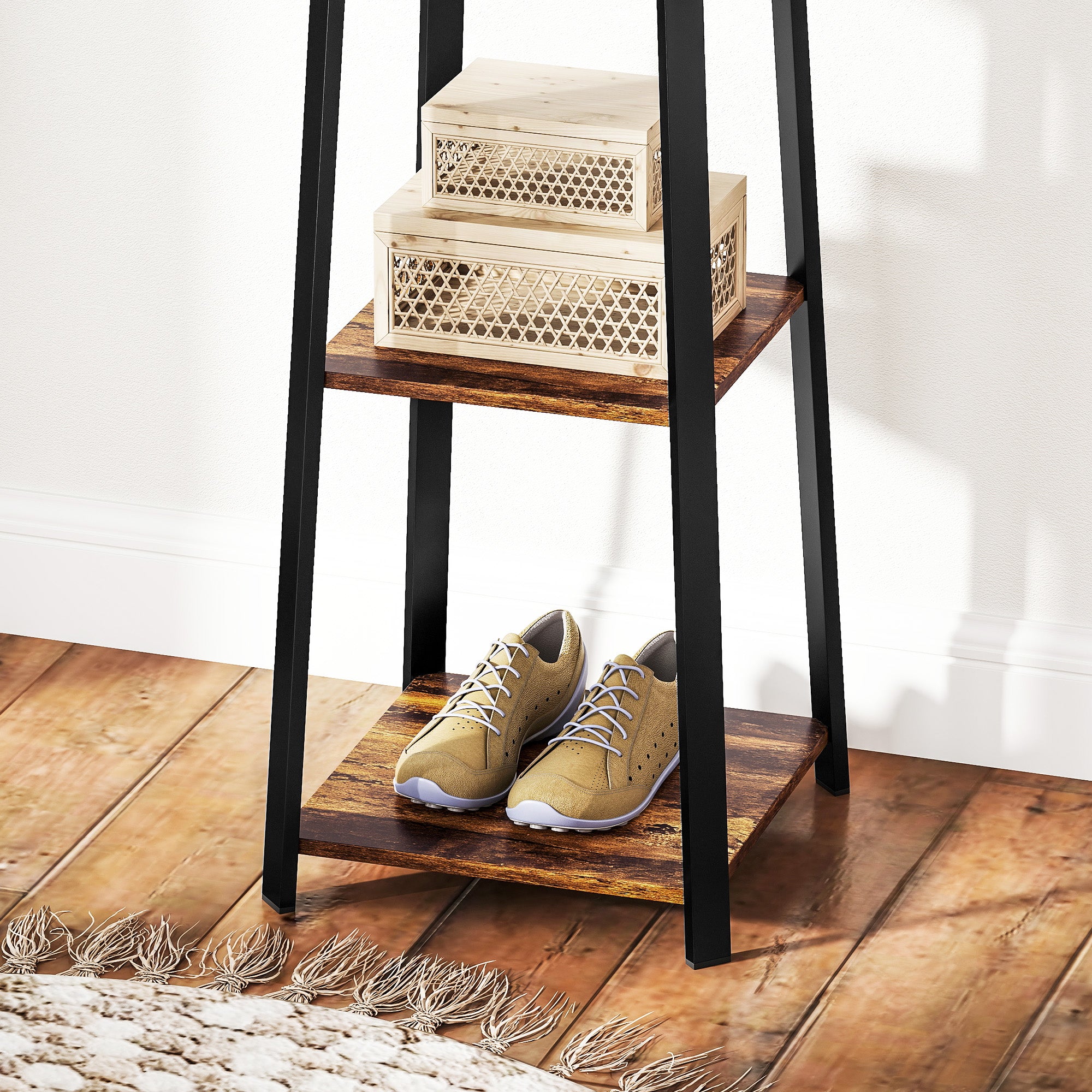 Coat Rack with 8 Hooks, 3 Shelves and Top Shelf, 34x34x170 cm, Brown