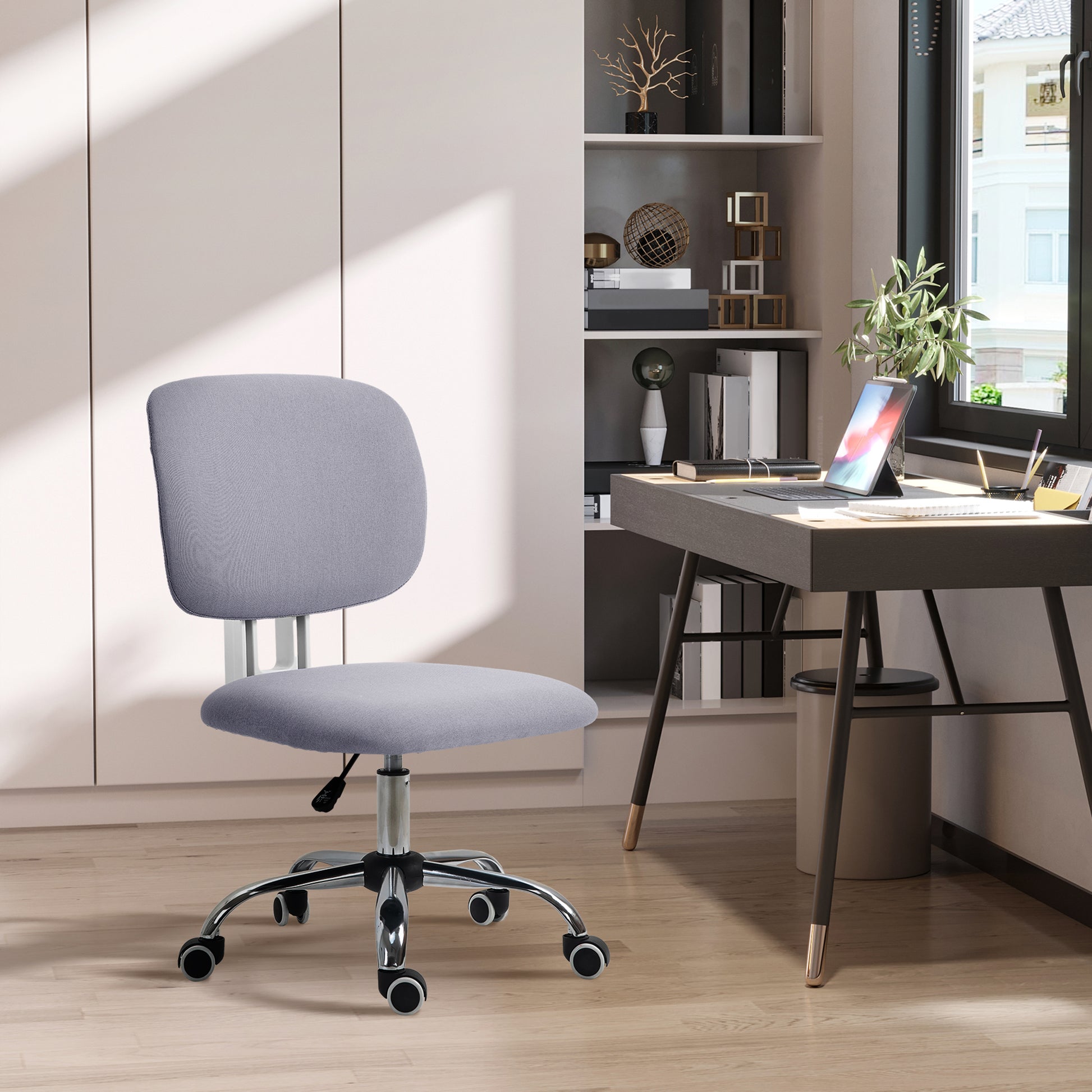 Vash office chair at adjustable height in linen effect fabric with curved backrest, 48x53x80-90 cm, gray - Borgè