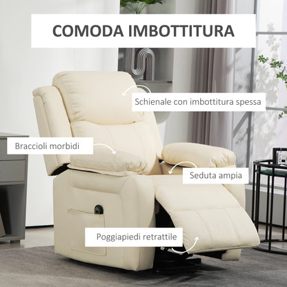 AURORA | 160° Reclining Lift Chair with Footrest and Remote Control, PU Leather and Steel, 76x90x105 cm, Cream